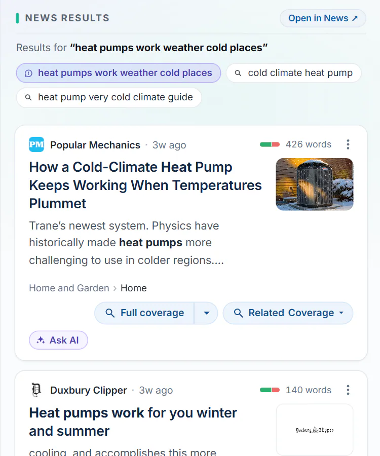 The News results column after a follow-up: a row of the searches made in this chat, a line saying what was searched for the follow-up, and the result cards