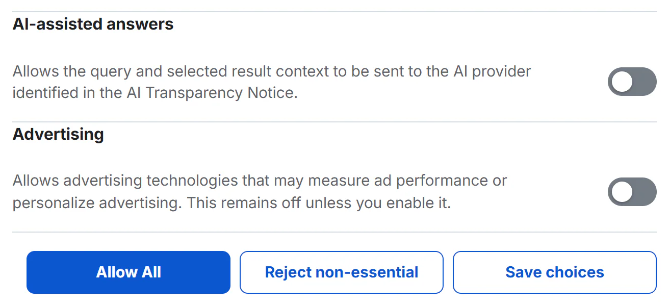 The Privacy choices window with the AI-assisted answers switch turned off, the Advertising switch below it, and the Allow All, Reject non-essential and Save choices buttons at the bottom