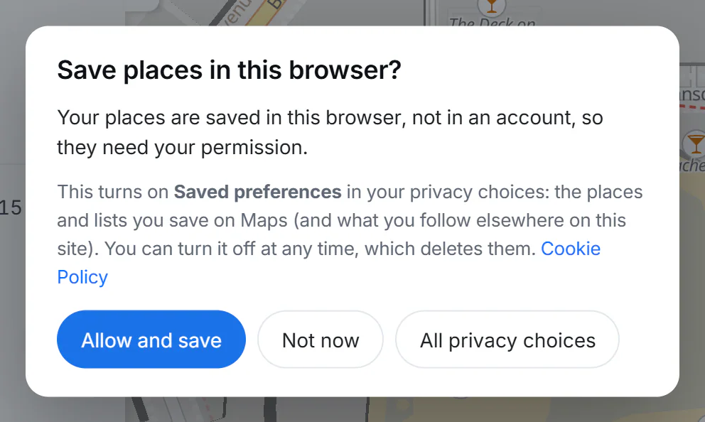 The box that asks Save places in this browser? when Saved preferences are not yet allowed, with the buttons Allow and save, Not now and All privacy choices