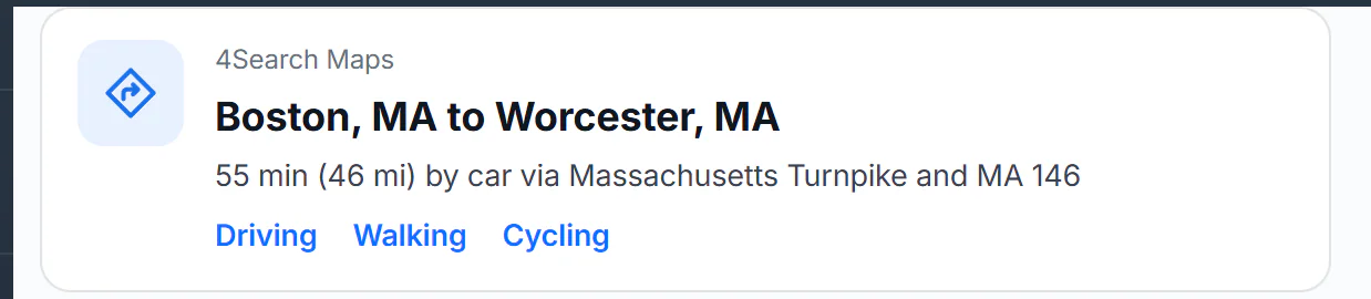 A Maps card above ordinary search results for the search directions from Boston to Worcester: the title Boston, MA to Worcester, MA, the driving time and distance, and links for Driving, Walking and Cycling
