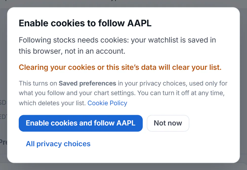 The box that asks to enable cookies before you can follow a stock