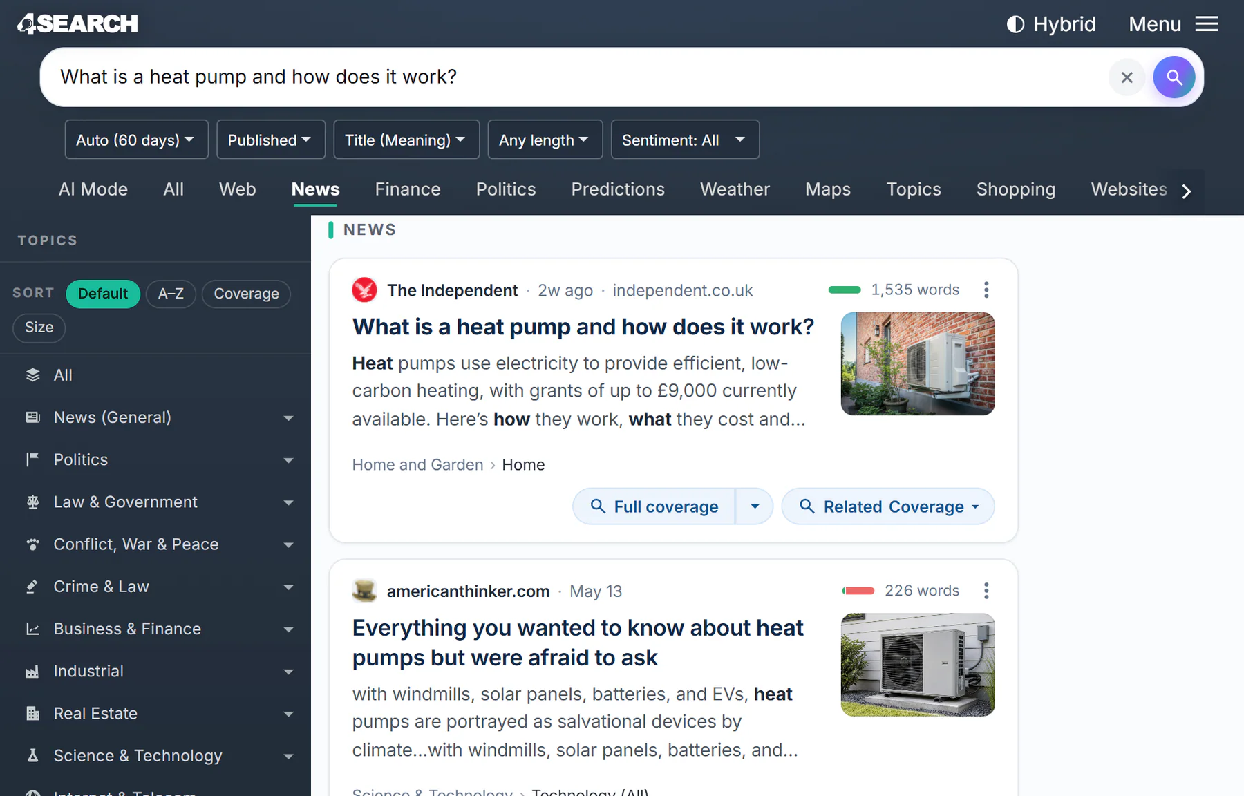 The results of a Full coverage search: the article's headline is now the search, and the list shows other reports with a similar headline