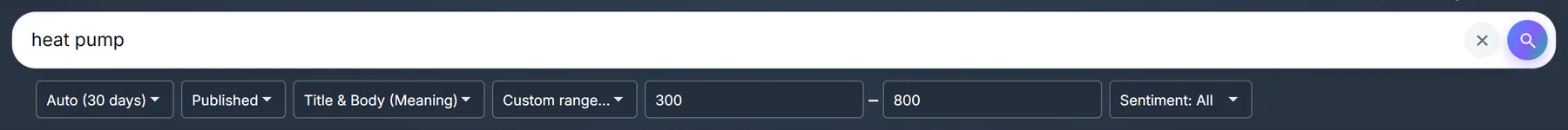 The minimum words menu set to Custom range, with a minimum and a maximum word count box beside it