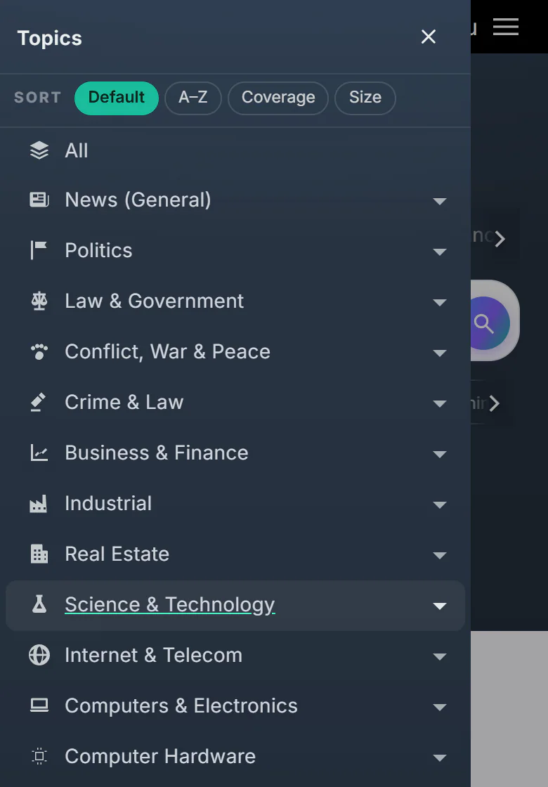 The Topics list opened over the page on a phone, with the sort buttons and a row of topics, each with an arrow for its subtopics