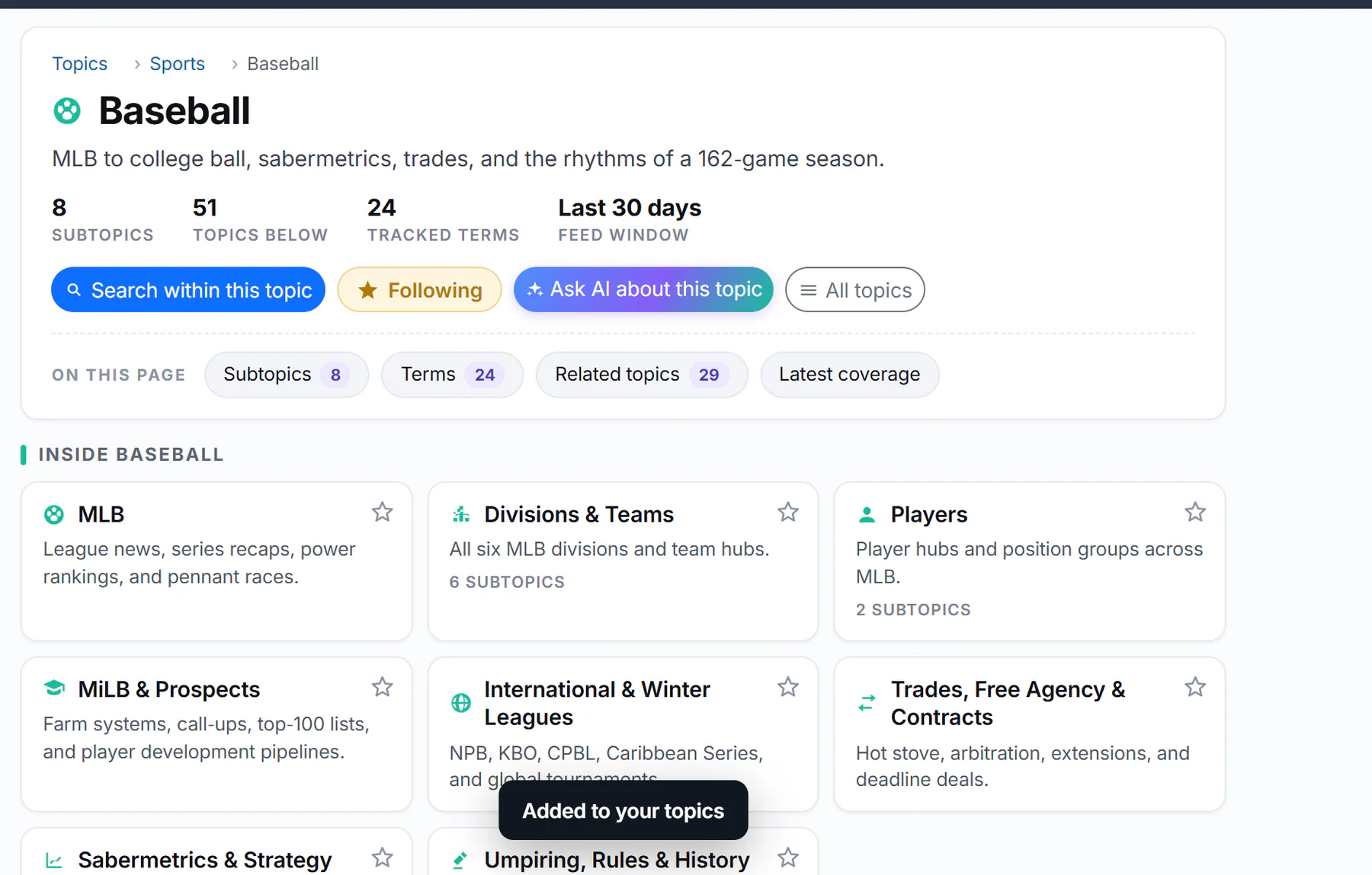 A topic page just after selecting Follow: the button now reads Following, and a note at the bottom of the window says Added to your topics