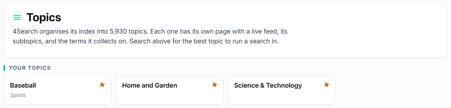 The Topics page with a Your topics area showing three followed topics as cards, each with a filled star that stops following it