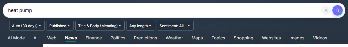 The search box, the row of filters under it and the tab row on a News results page